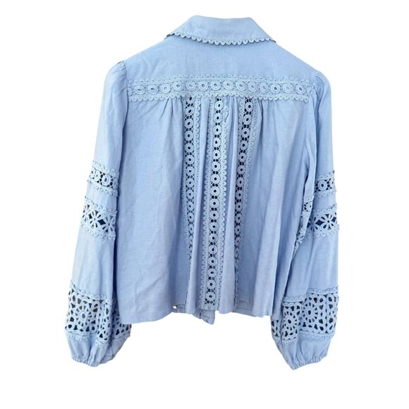 AQUA Blue Lace Crochet Detail Button Up Long Sleeve Blouse Women's size M - Picture 6 of 7
